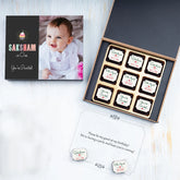 Open box showing photo chocolates for 1st birthday invitations photo sample